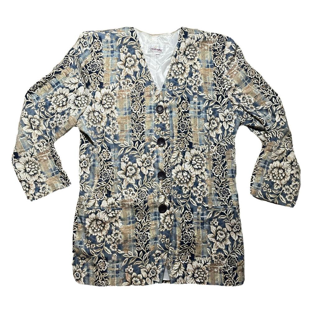 Vintage Worthington Petite Womens Blazer Jacket Medium Blue Beige Flower Button